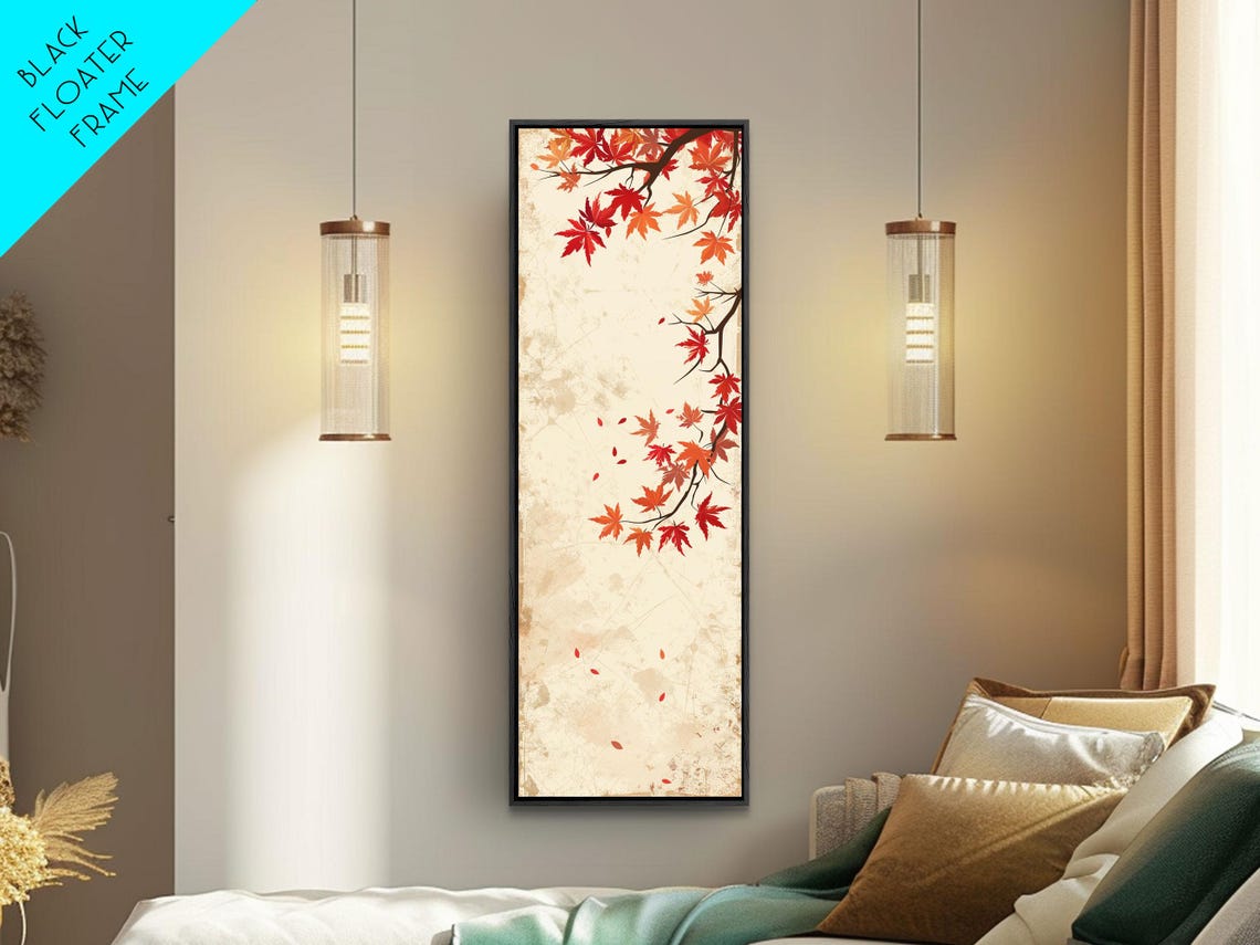 Vintage Maple Branch Red Autumn Leaves Cream Tall Decor Print - Image 4
