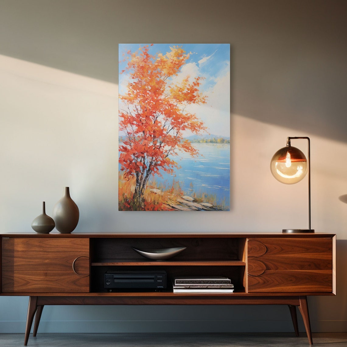 Orange Autumn Tree by Blue Lake Fall Foliage Landscape Painting Poster - Image 4