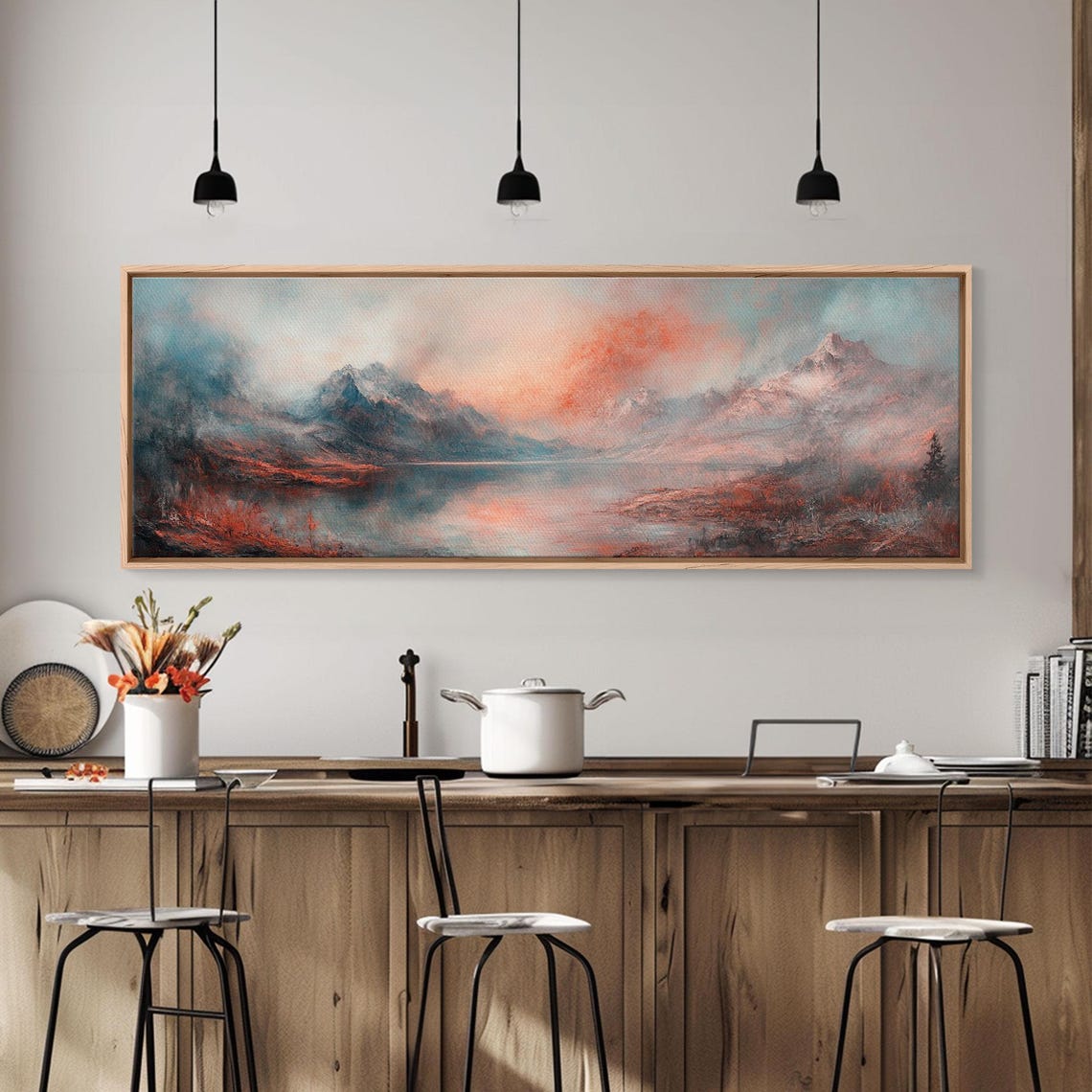 Moody Coral Blush Mountain Lake Mist Minimalist Landscape Poster - Image 3