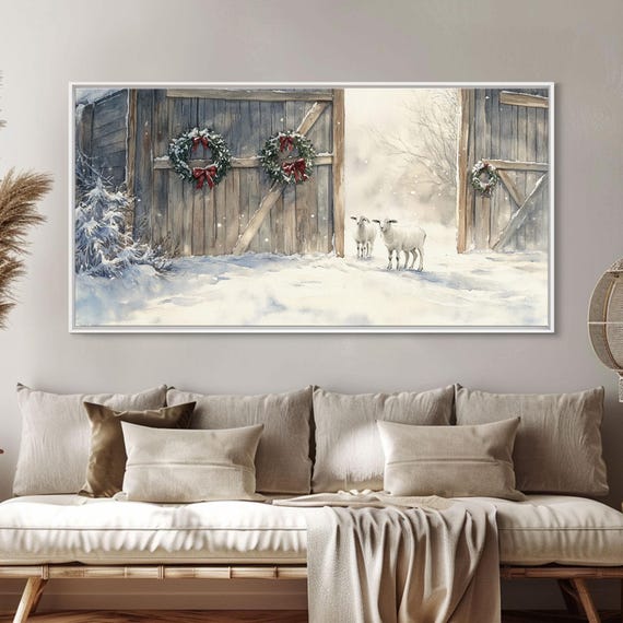 Snowy Barn Christmas Scene, Farmhouse Art Print