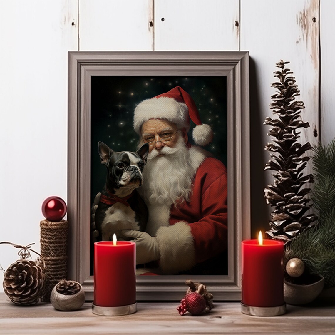 Santa Claus and Boston Terrier Christmas Art Print - Image 3