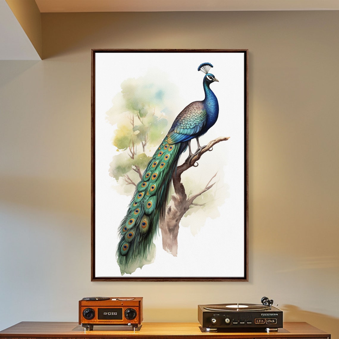 Peacock Perched On Branch Watercolor Elegant Bird Wall Art Poster
