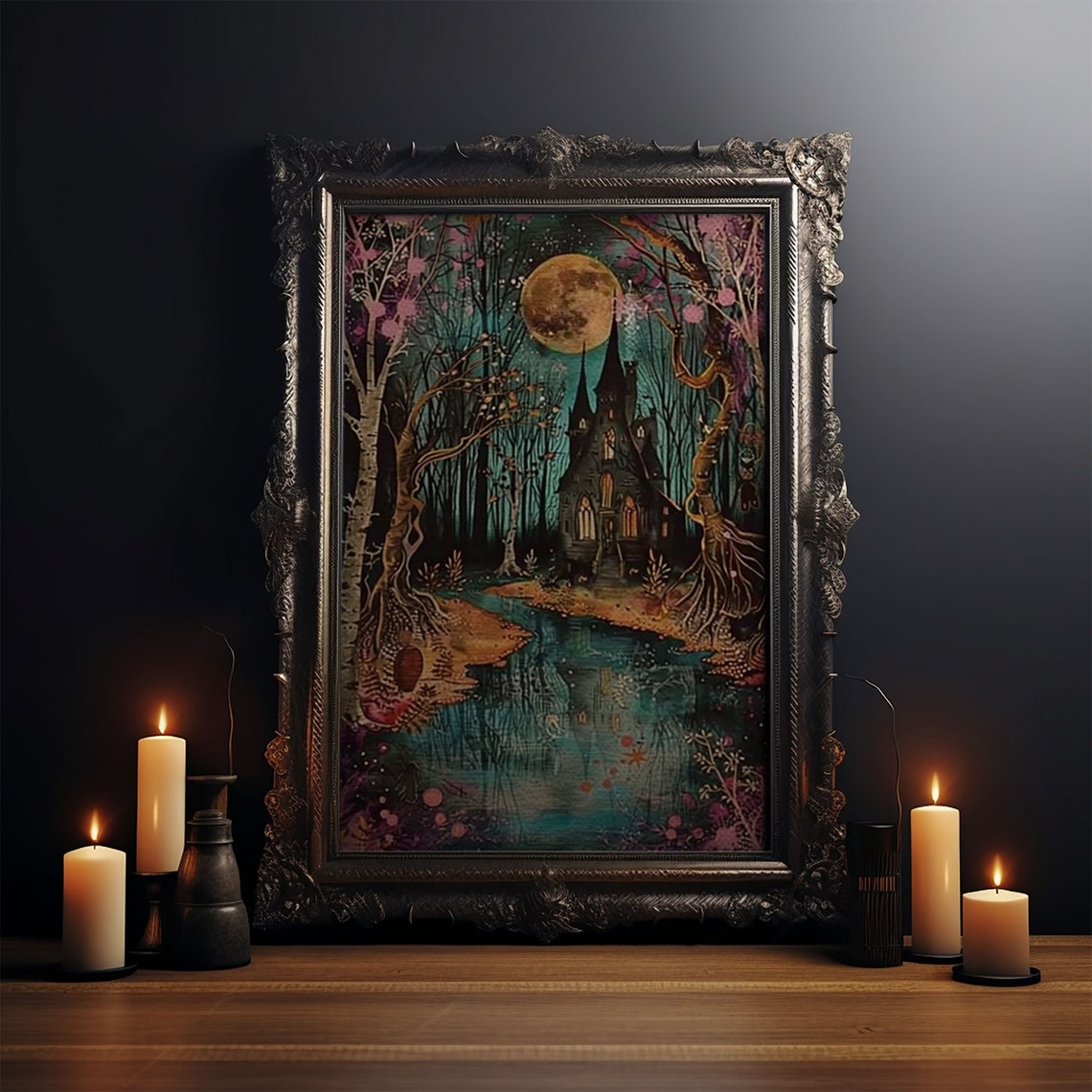 Haunted Castle By The Lake Full Moon Gothic Forest Art Poster - Image 3