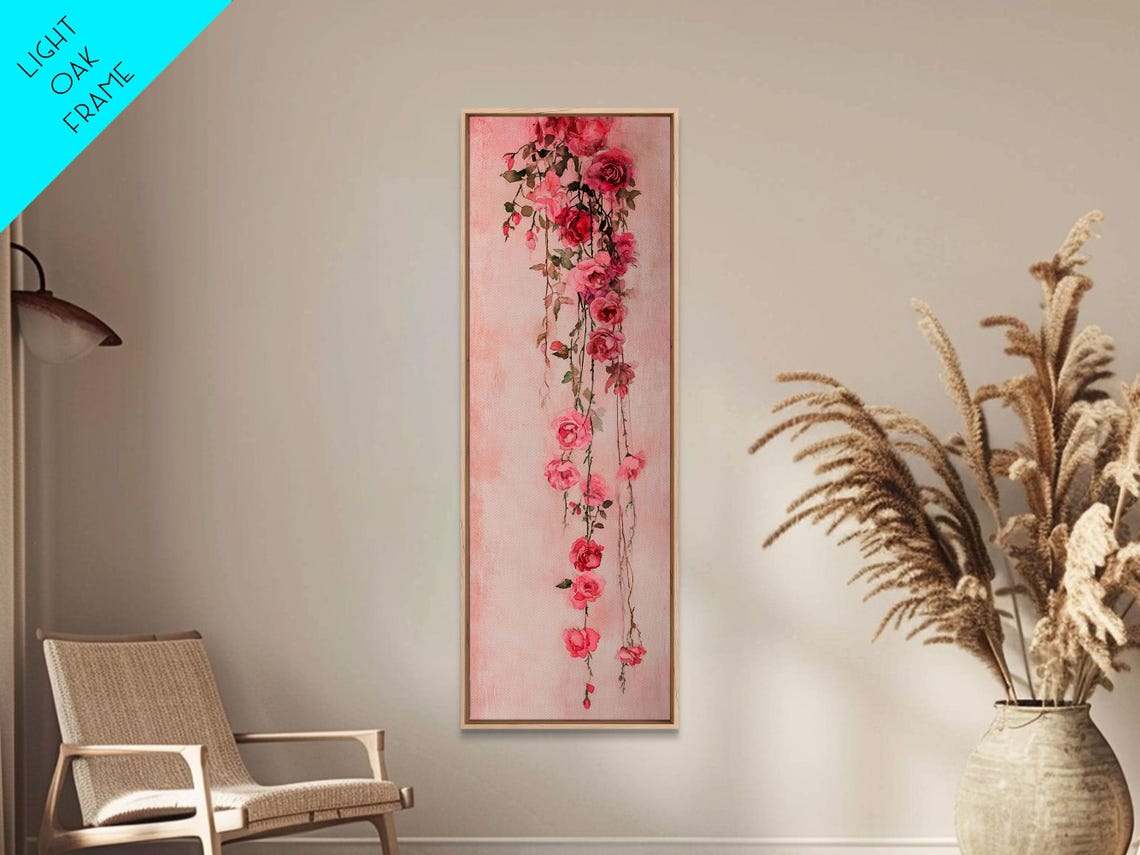 Cascading Pink Roses Botanical Watercolor Hanging Vine Wall Poster - Image 2