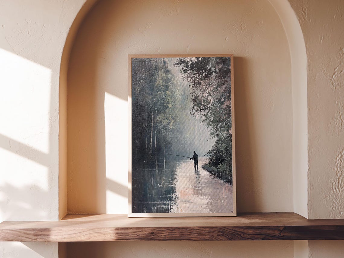 Fly Fisherman Silhouette On Misty Forest River Painting Wall Art - Image 5