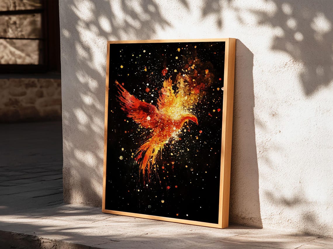 Phoenix Rising From Flames And Sparks On Black Fantasy Print - Image 3