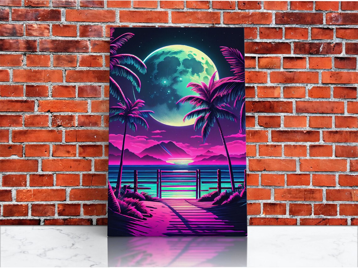 Full Moon Over A Florida Beach, Palm Trees Outrun Style - Image 3