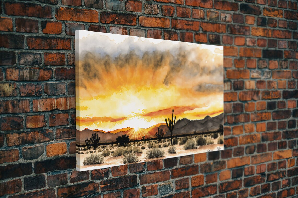Arizona Desert Saguaro Sunset Watercolor Mountain Panorama Wall Poster - Image 5