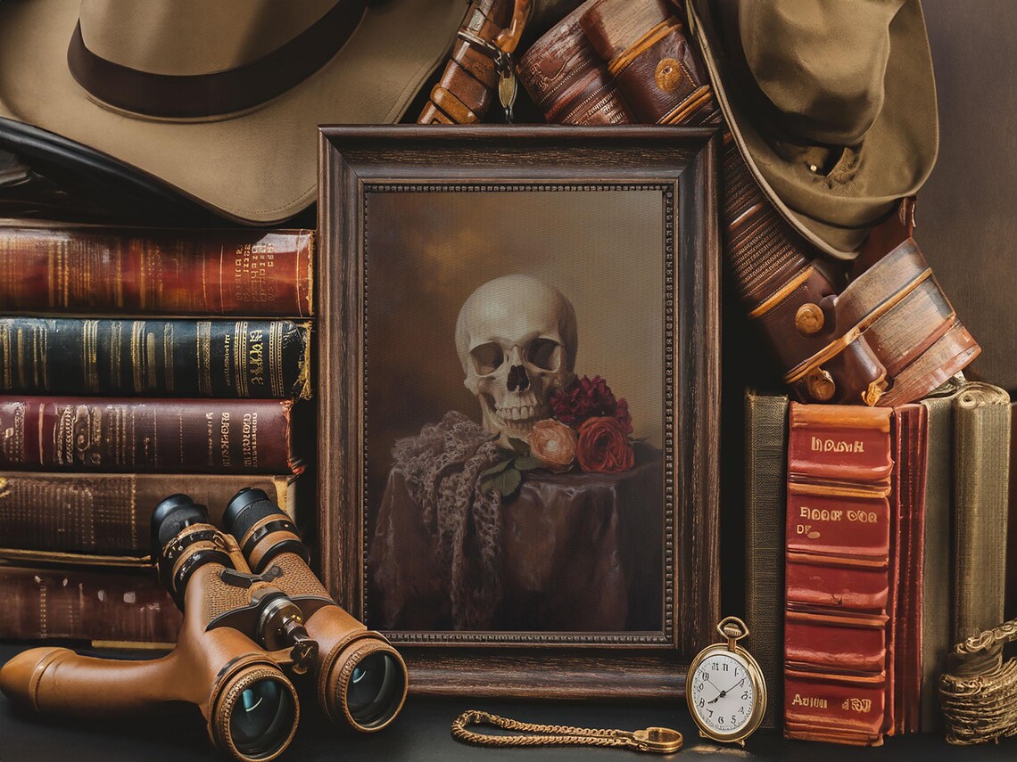 Skull And Roses Dark Academia Still Life Oil Painting Memento Mori Wall Art - Image 6