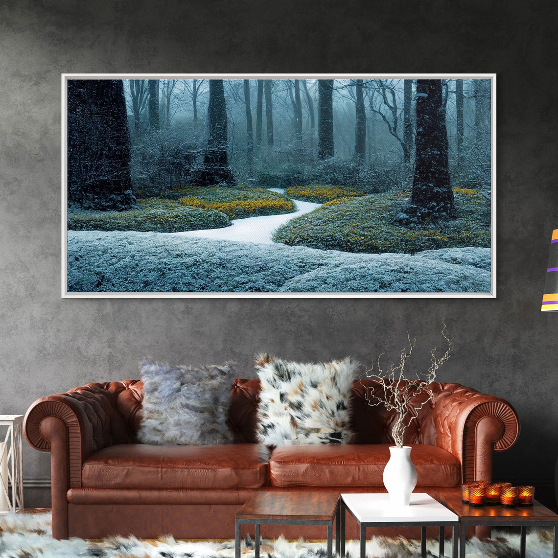 Snowy Winter Forest Misty Path Frosted Trees Snowfall Poster