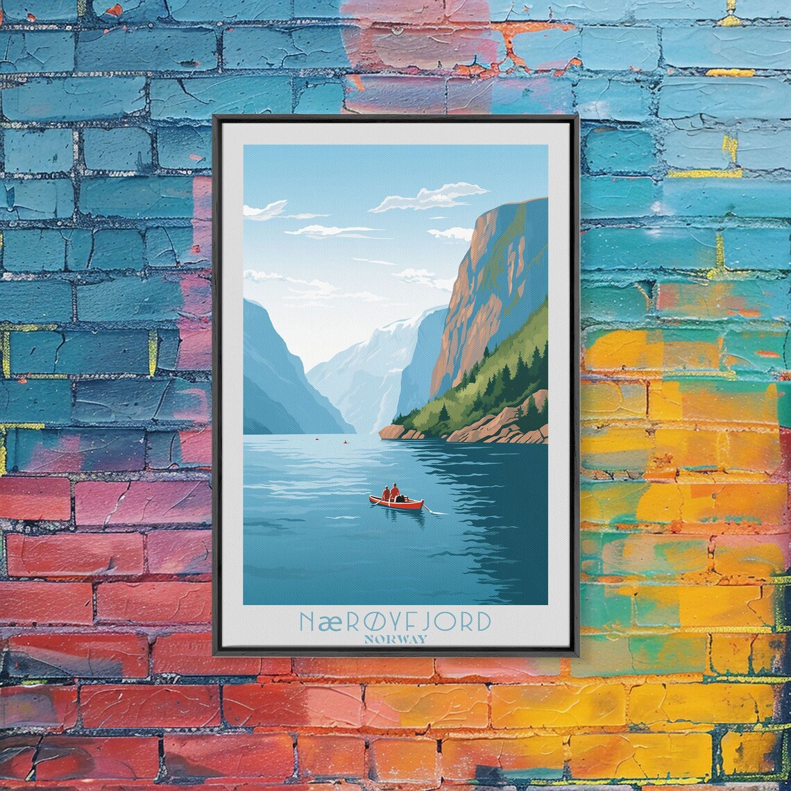 Nærøyfjord Norway Steep Fjord Cliffs Kayak Retro Vintage Travel Poster