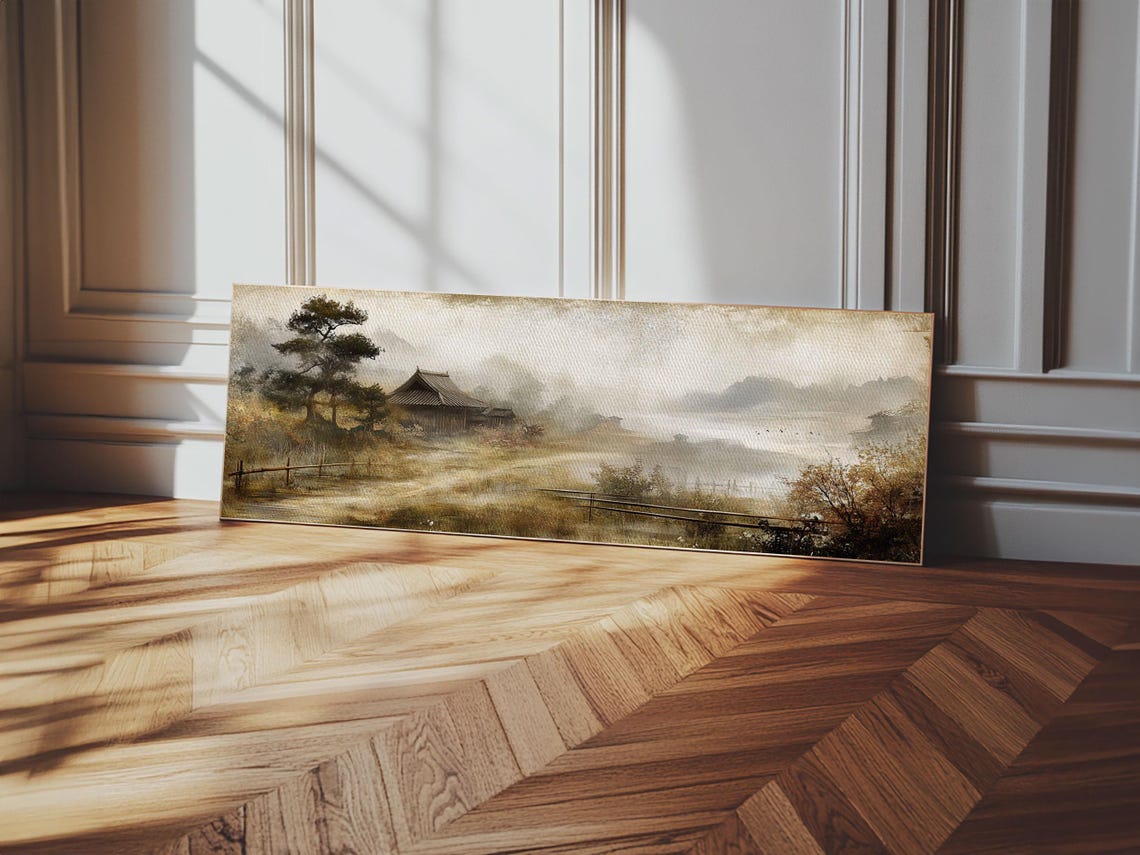 Misty Japanese Countryside Hut Pine Tree Panoramic Landscape Print - Image 5