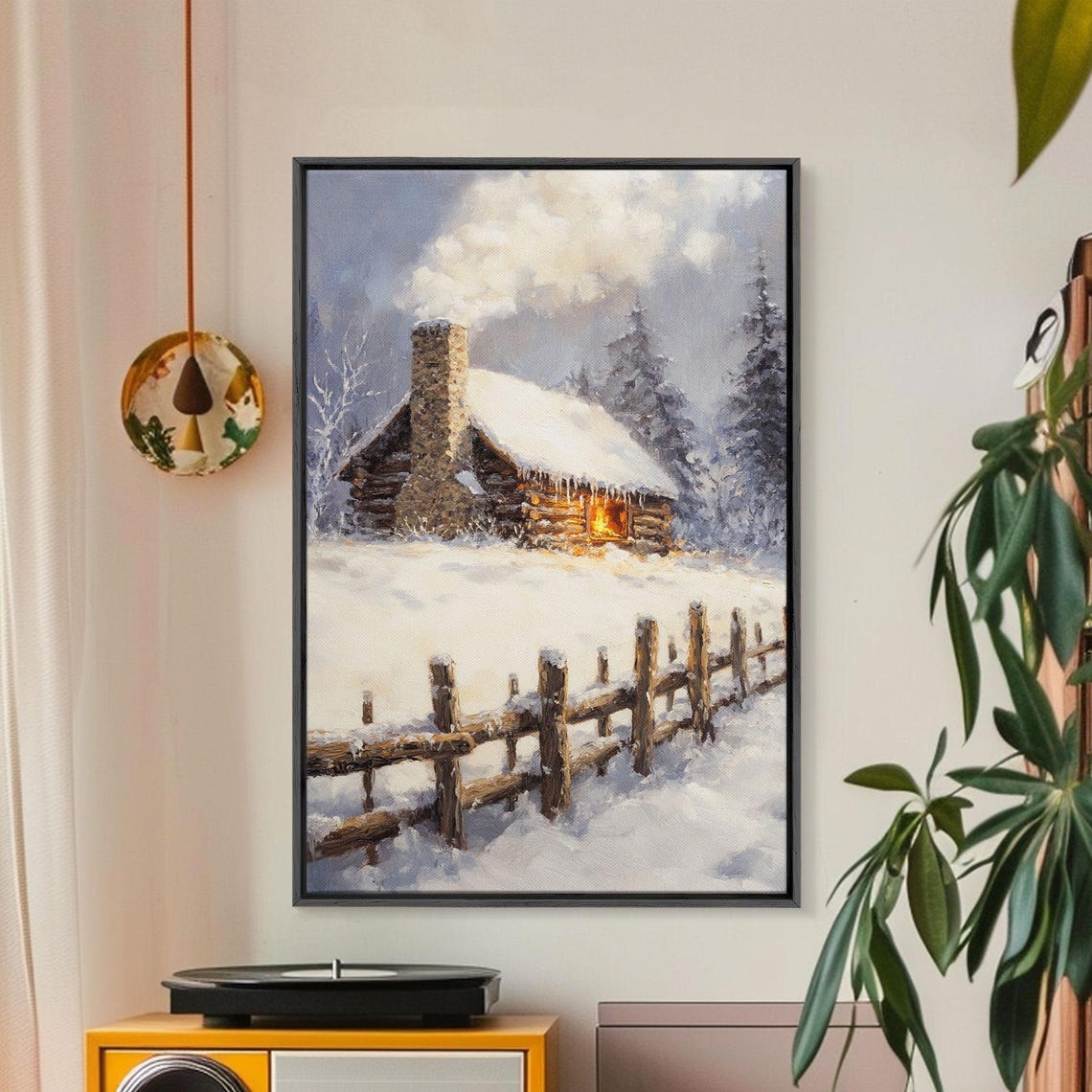 Rustic Log Cabin In Snow With Glowing Window And Fence Poster