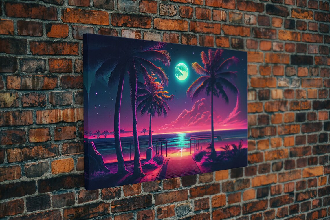 Outrun Style Full Moon Beach, Synthwave Art Print - Image 6