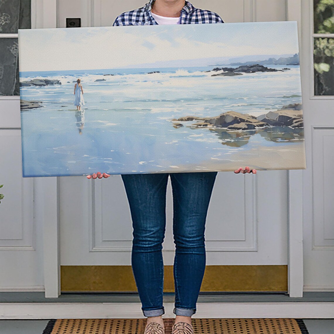 Woman Wading Shallow Ocean Beach Water Rocks Coastal Watercolor Poster - Image 4