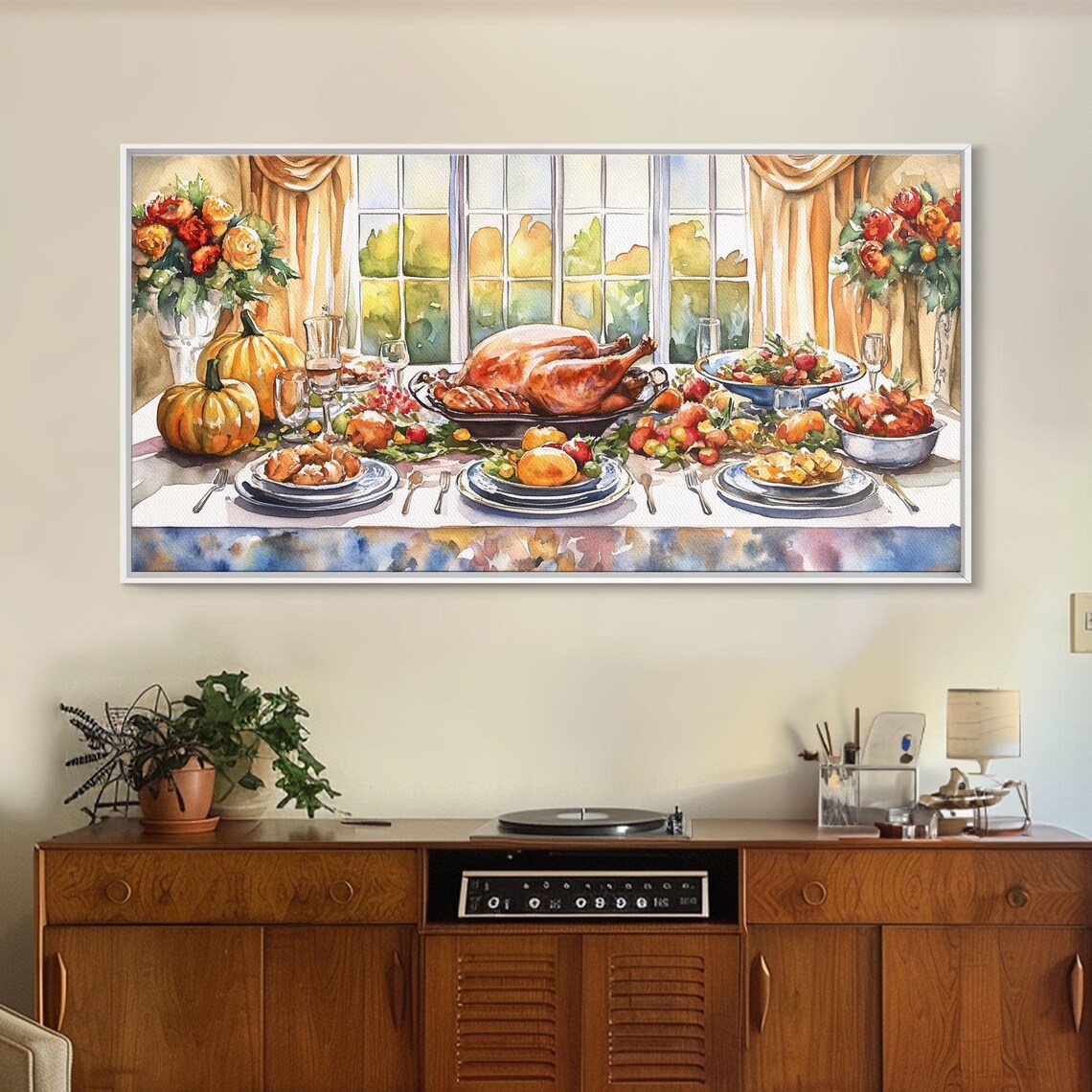 Autumn Thanksgiving Dinner Table Feast Turkey Pumpkins Watercolor Art Poster - Image 2