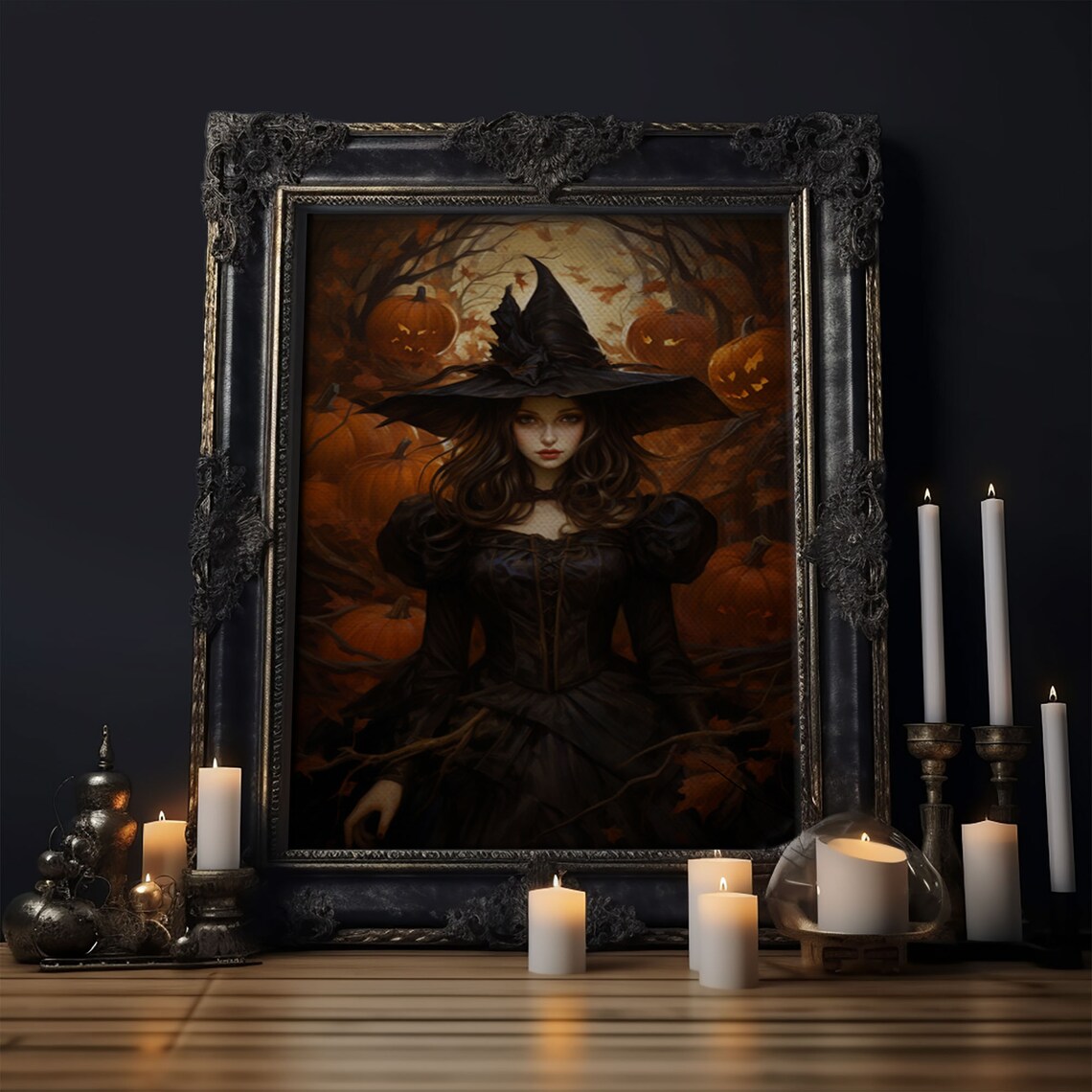 Gothic Witch Halloween Pumpkin Patch Art Print