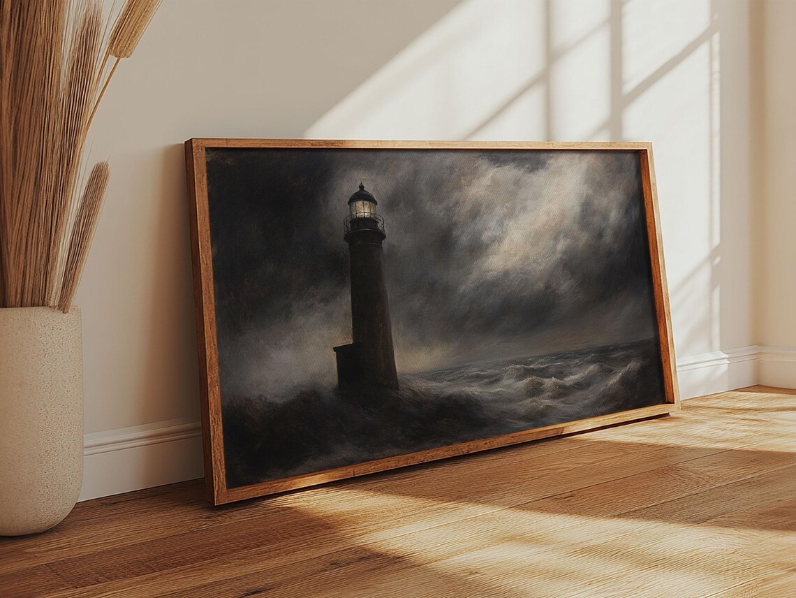 Dark Stormy Lighthouse Painting Moody Black Seas Night Ocean Wall Art Print