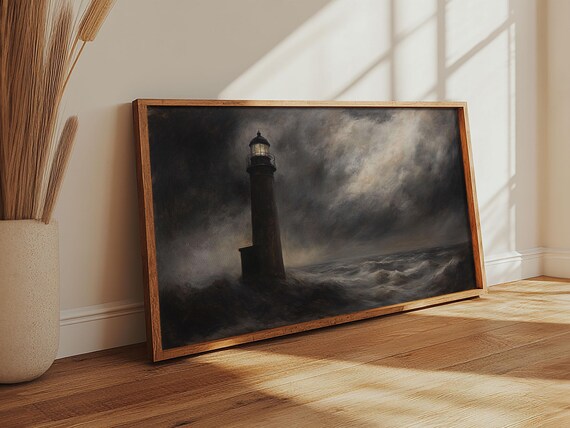 Moody Lighthouse Painting Print Nautical Home Decor Lighthouse Oil Painting Print Dark And Moody Home Decor