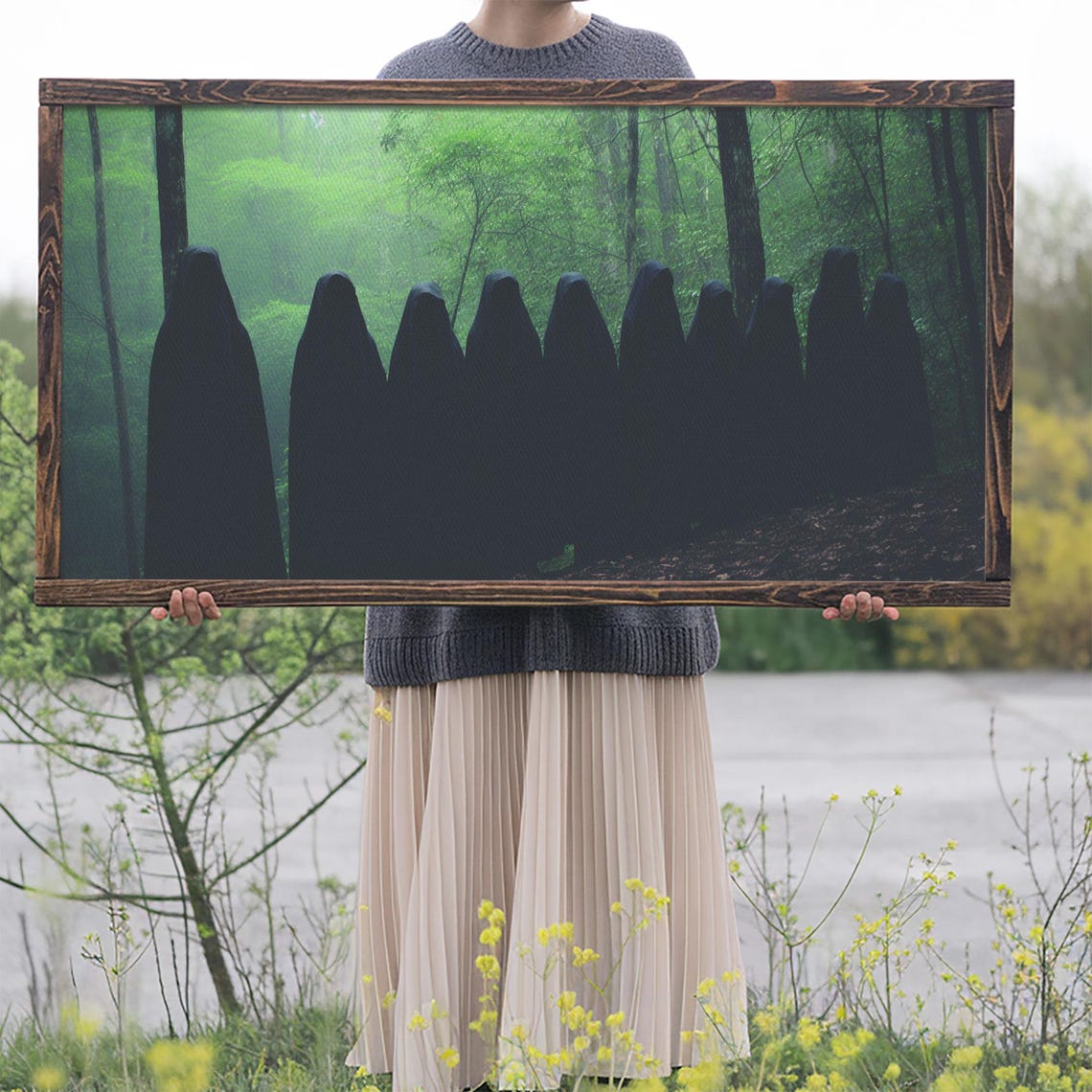 Hooded Cult Figures Standing In Misty Green Forest Halloween Poster - Image 2