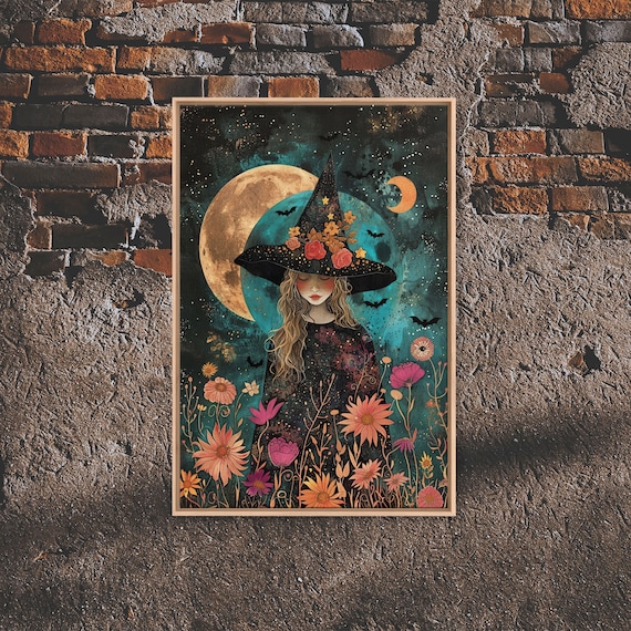 Cottagecore Witch Full Moon Floral Night Sky Enchanting Wall Poster