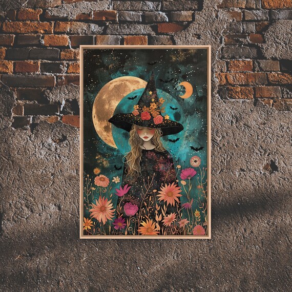 She Walks Amongst The Flowers Cottagecore Framed Print Beautiful And Enchanting Wall Art Floral Witch Under A Full Moon