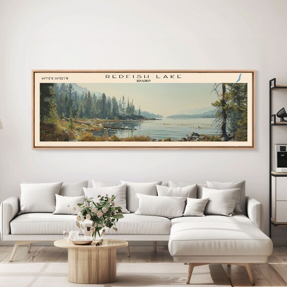 Redfish Lake Idaho Framed Print Lake House Decor Panoramic Wall Art Travel Poster Beautiful Landscape Painting Living Room Decor