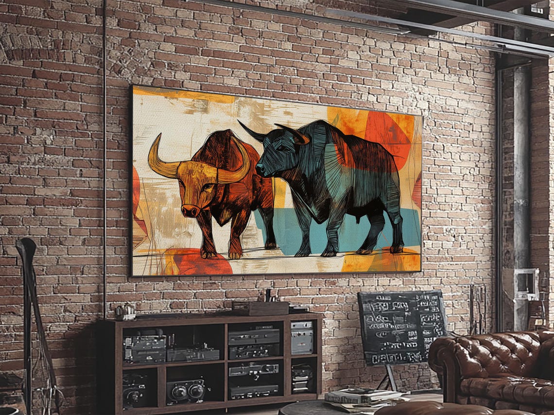 Geometric Bull Duo Abstract Rustic Farmhouse Above Sofa Wall Art Print - Image 4