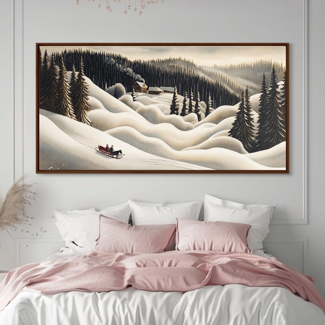 Horse Drawn Sleigh Ride Through Snowy Mountain Valley Art Print