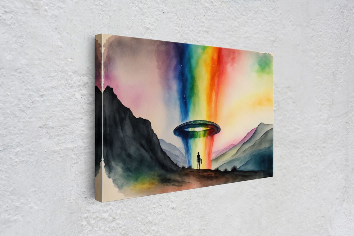 UFO Abduction Rainbow Beam Watercolor Flying Saucer Sci Fi Art Poster - Image 4