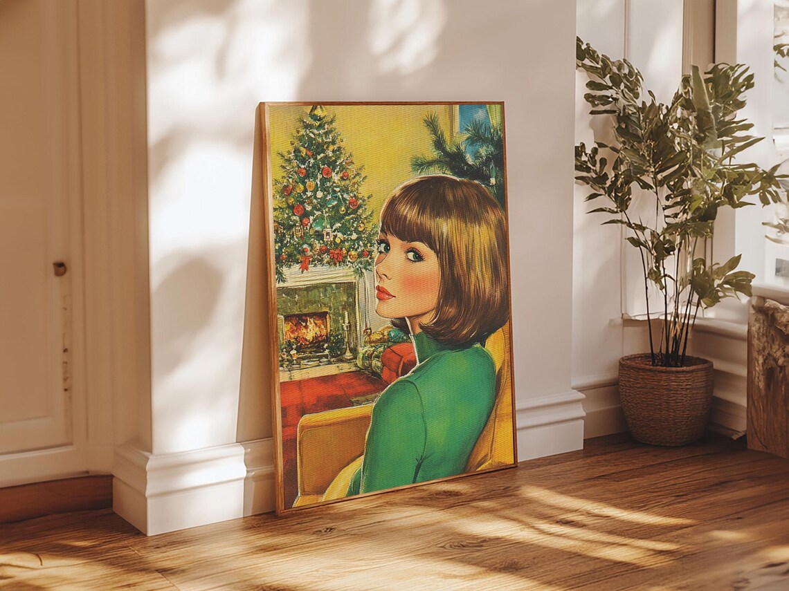 Retro 1950s Christmas Portrait Woman By Fireplace Vintage Holiday Art
