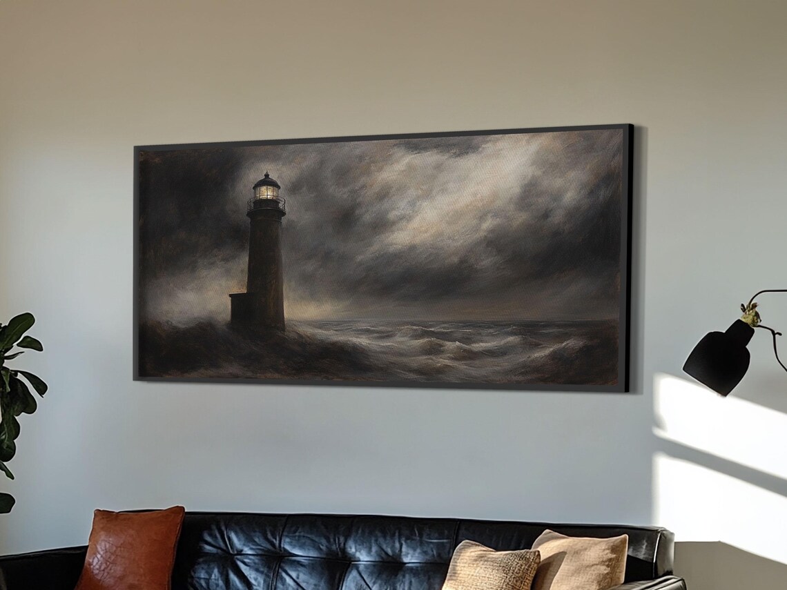Dark Stormy Lighthouse Painting Moody Black Seas Night Ocean Wall Art Print - Image 4