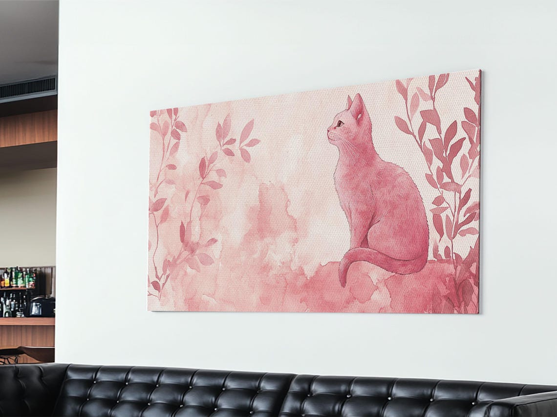 Blush Pink Cat Watercolor With Botanical Leaves Minimalist Wall Poster