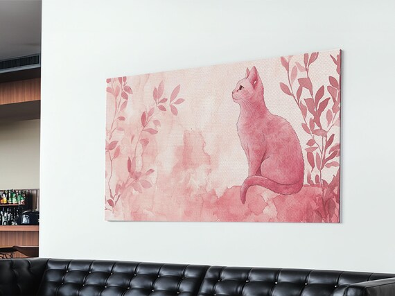 Blush Pink Cat Watercolor With Botanical Leaves Minimalist Wall Poster