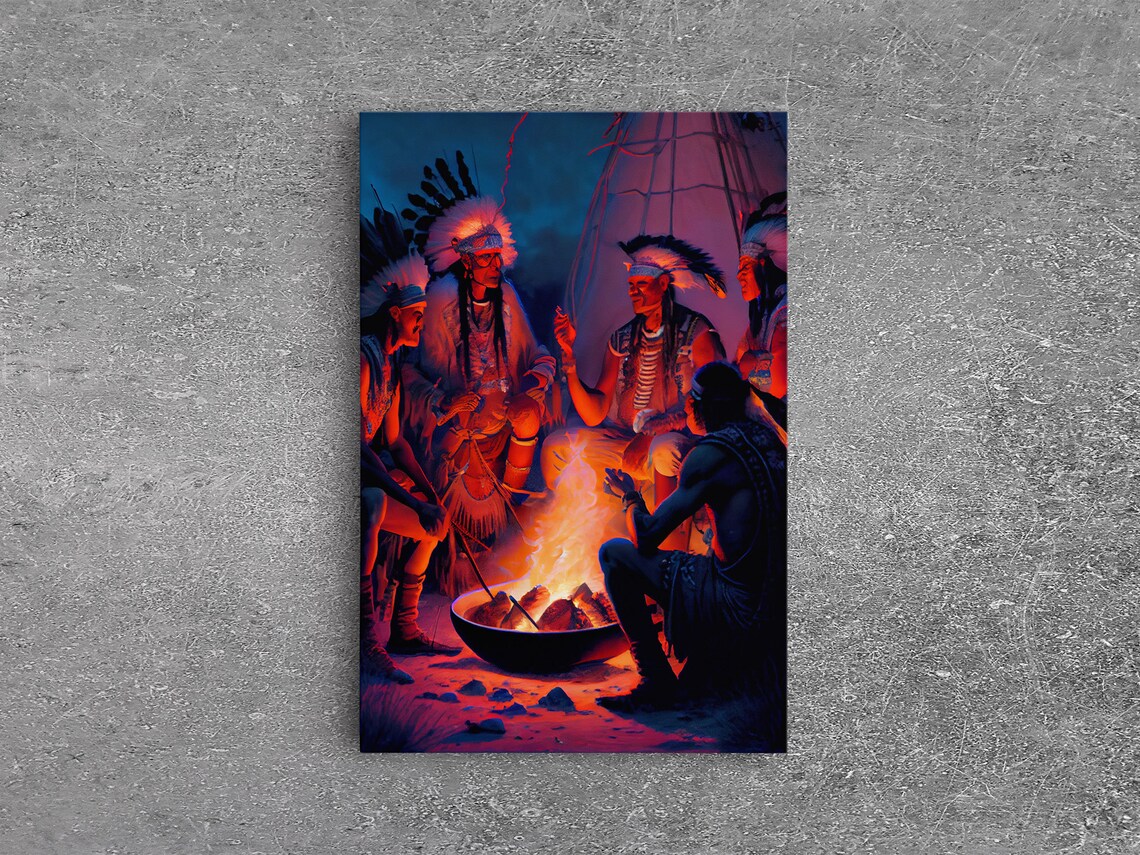 Native Americans at Campfire, Wild West Watercolor Art Print