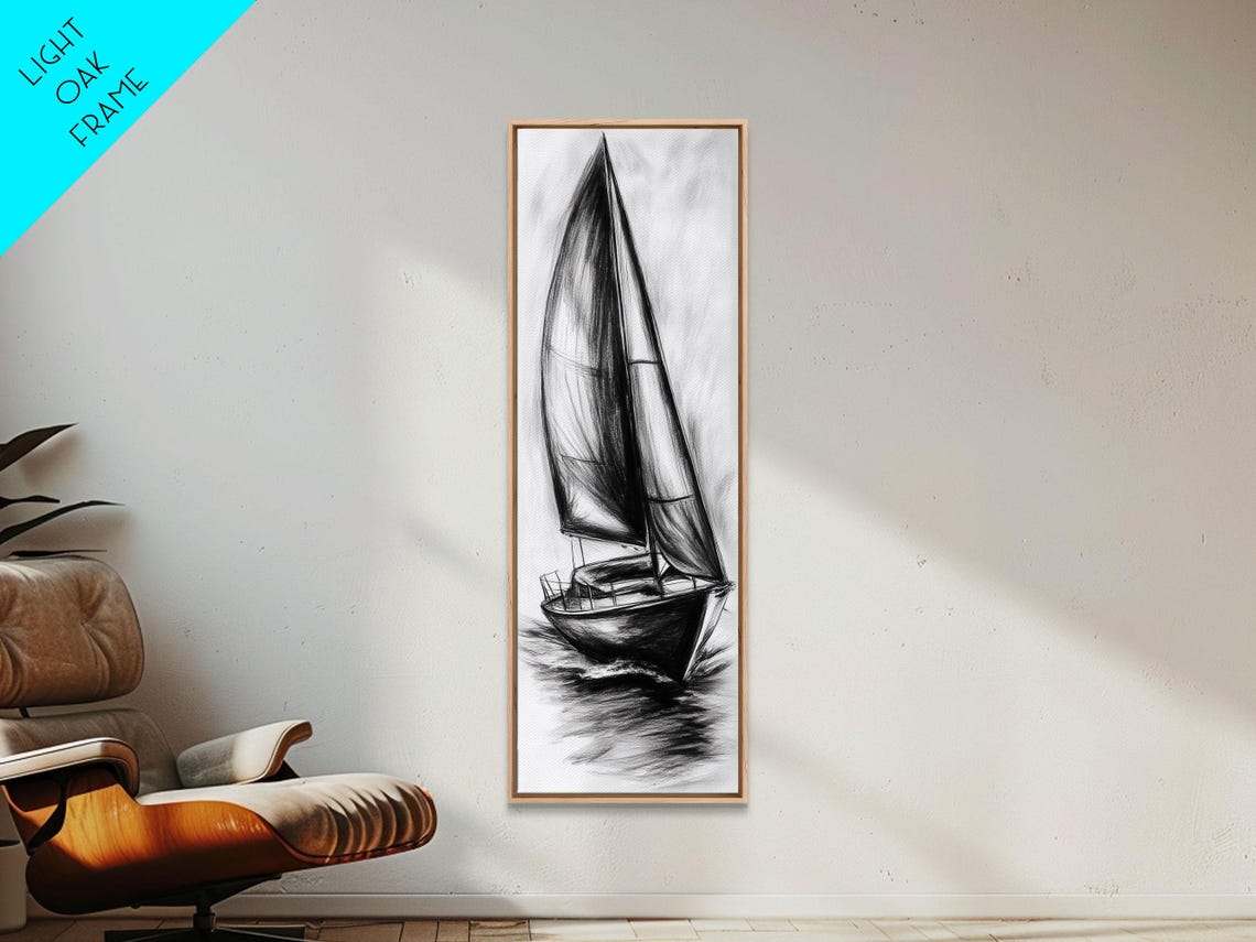 Charcoal Sketch Of A Sailboat Framed Print Nautical Decorl Nautical Wall Art Sailboat Painting Sail Boat Art Tall Skinny Wall Art - Image 4
