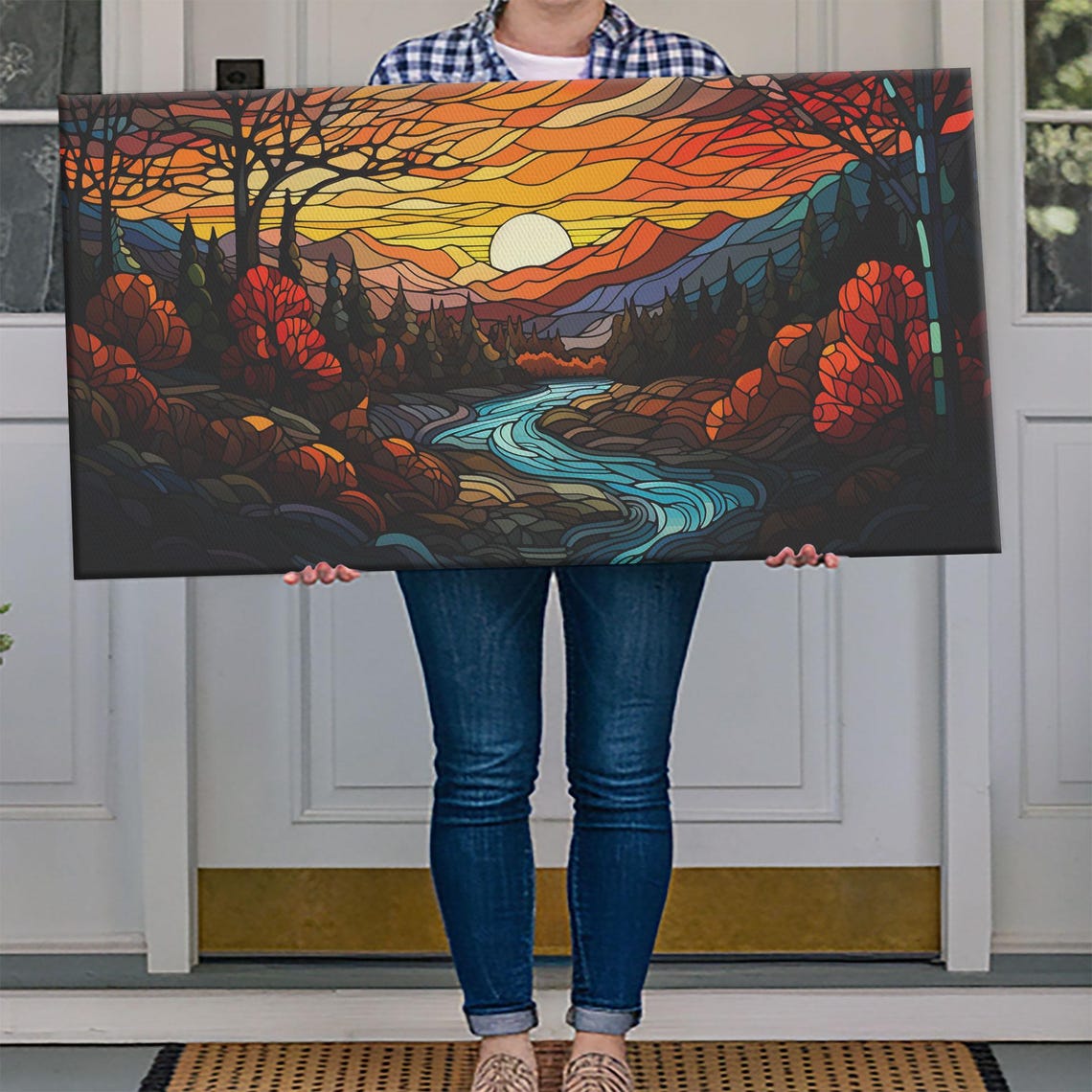 Stained Glass Autumn Landscape Winding River Sunset Mountains Poster - Image 4