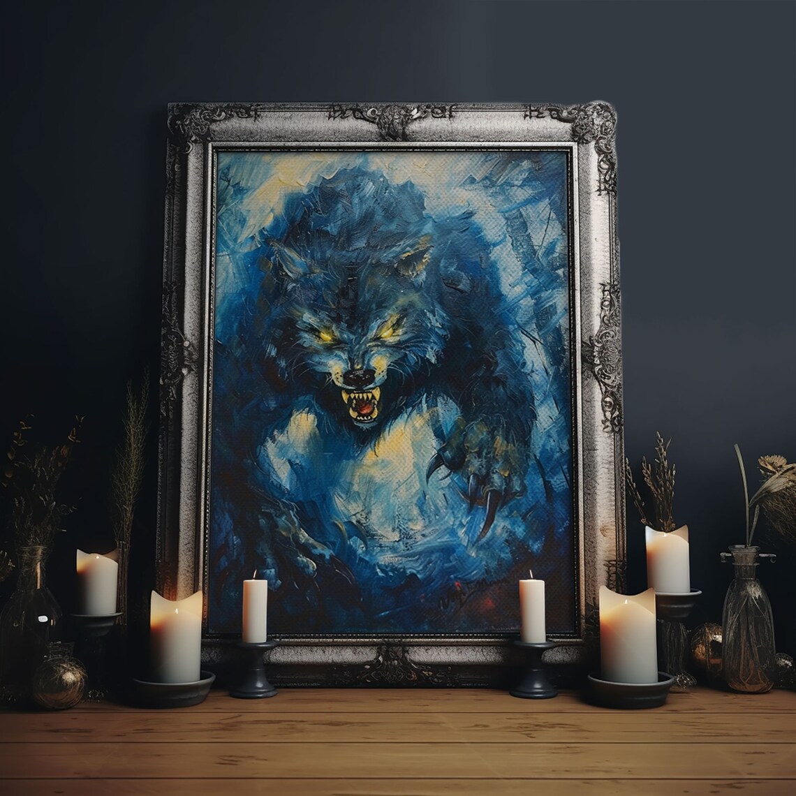Ferocious Werewolf Snarling In Dark Forest Blue Oil Painting Print