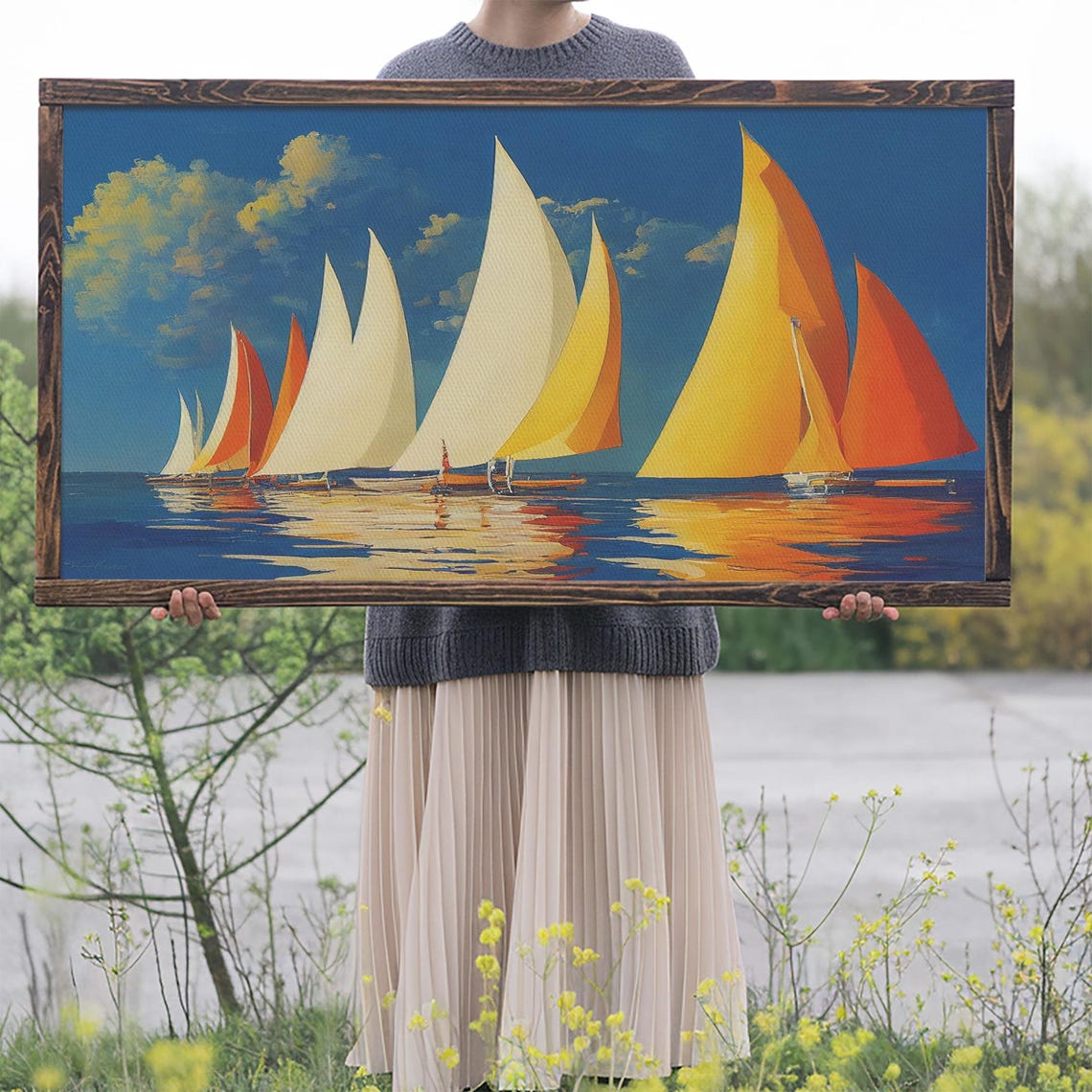 Art Deco Sailboats Orange Sails Racing On Deep Blue Sea Regatta Poster - Image 2