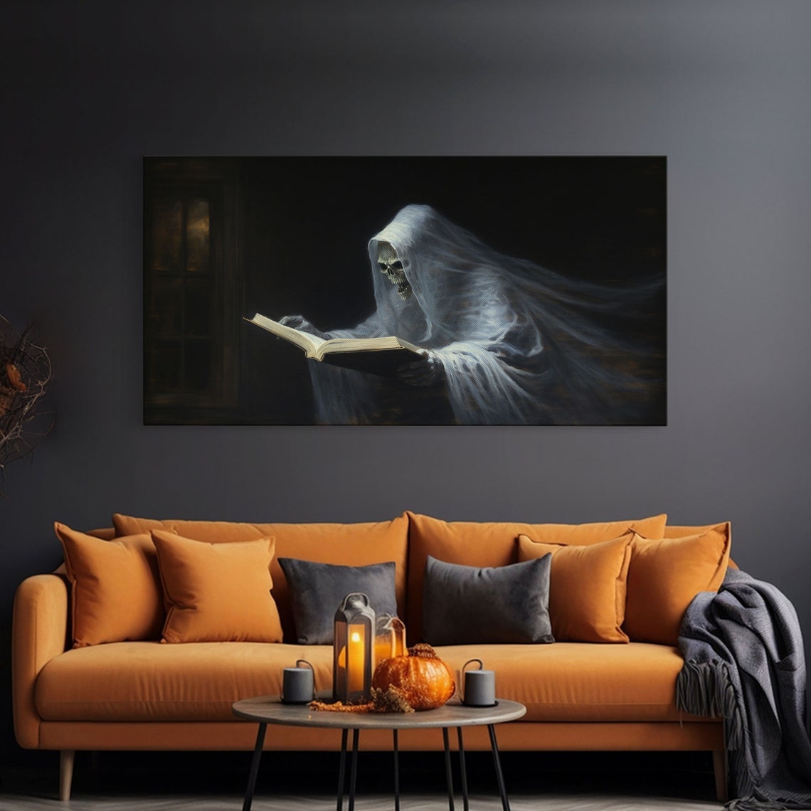 Reading Ghost Skeletal Figure With Book Moody Panoramic Wall Art - Image 3