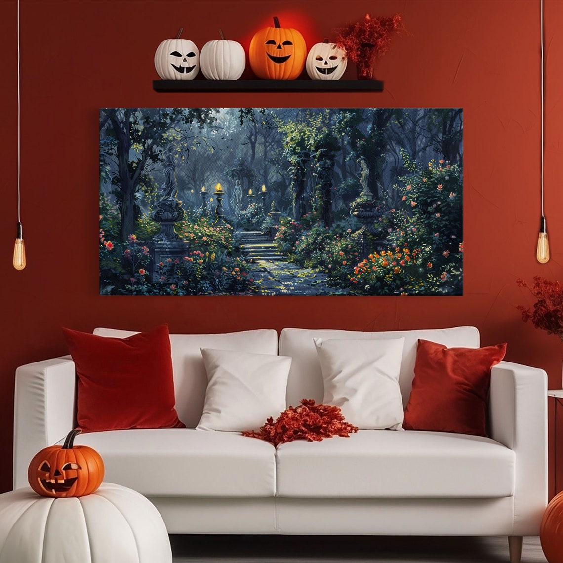 Creepy Victorian Hedge Maze Statues Lantern Path Dark Academia Print