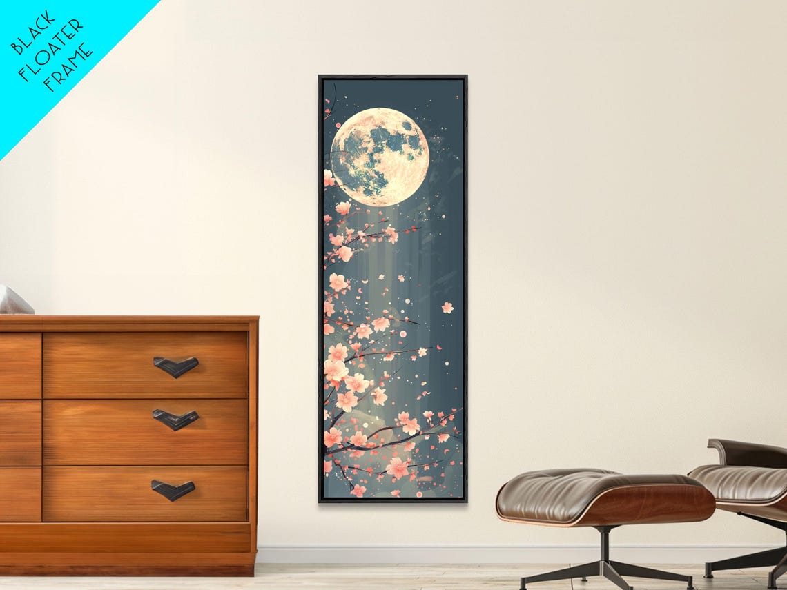 Full Moon Cherry Blossoms Starry Night Dark Floral Art Print - Image 2