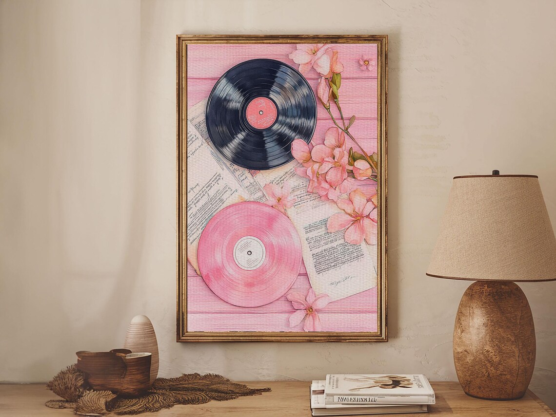 Vinyl Records with Pink Flowers Watercolor Print Retro Music Wall Poster - Image 6