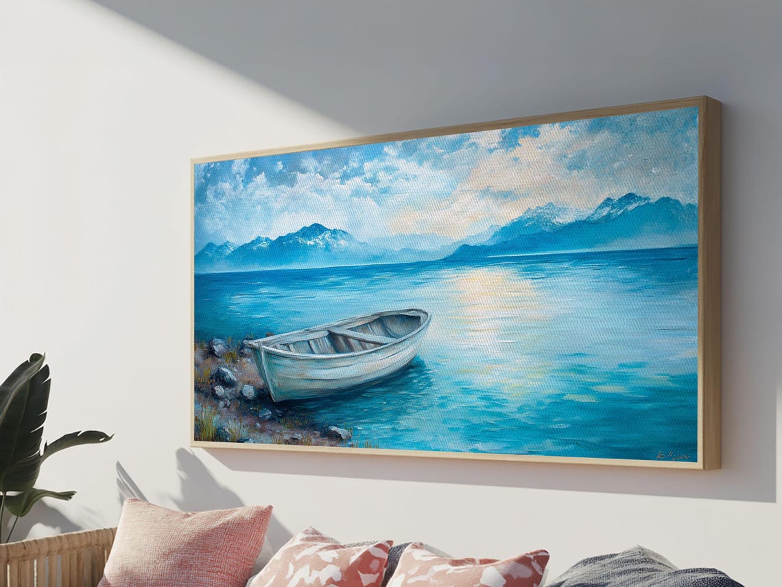 White Boat Turquoise Mountain Lake Blue Waters Coastal Wall Poster - Image 4