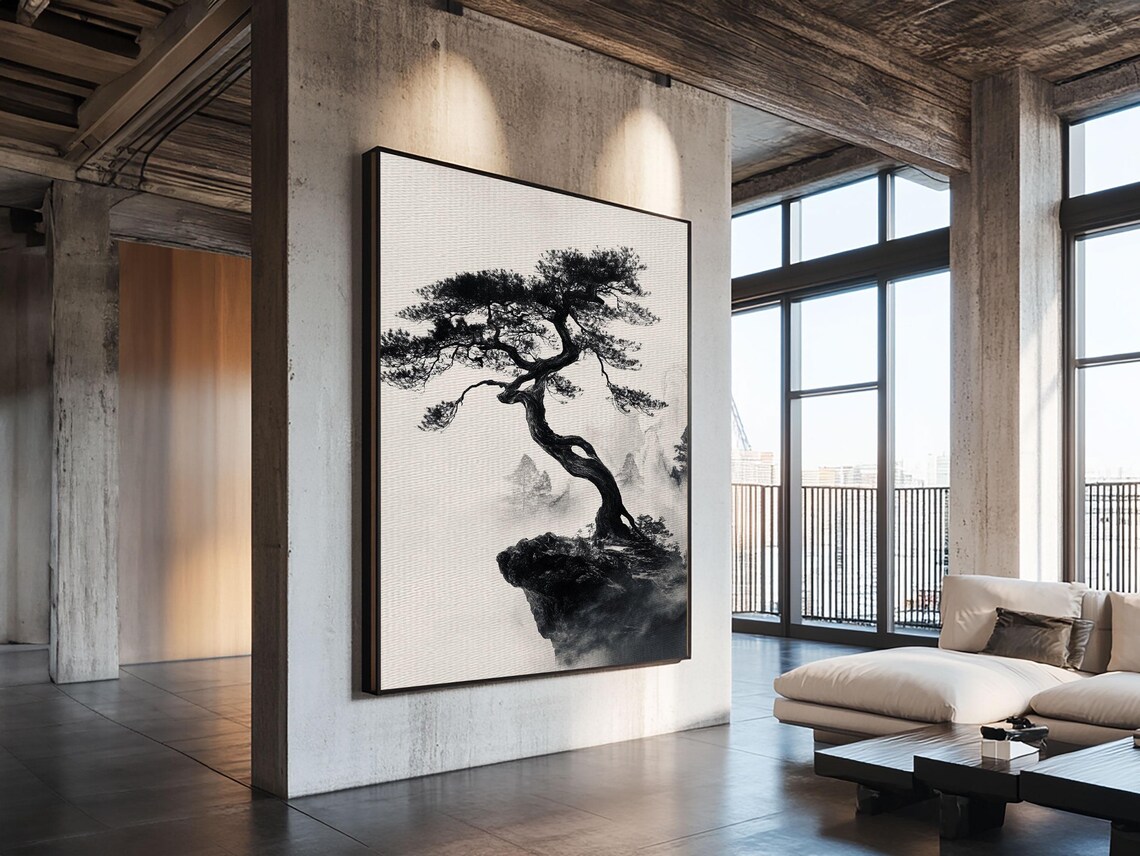 Bonsai Tree on a Cliff, Wabi-Sabi Japanese Art Print - Image 6