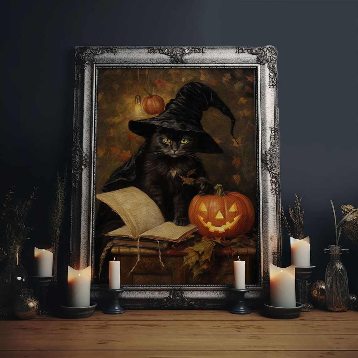 Black Cat In Witch Hat With Spell Book And Jack O Lantern Poster - Image 6