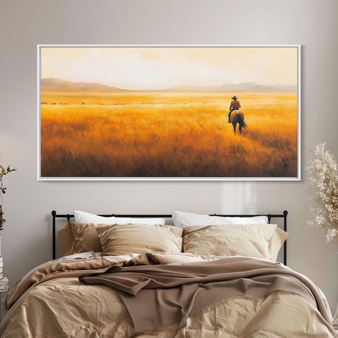 Lone Cowboy Herding Cattle Across Golden Plains Sunset Art Print - Image 3