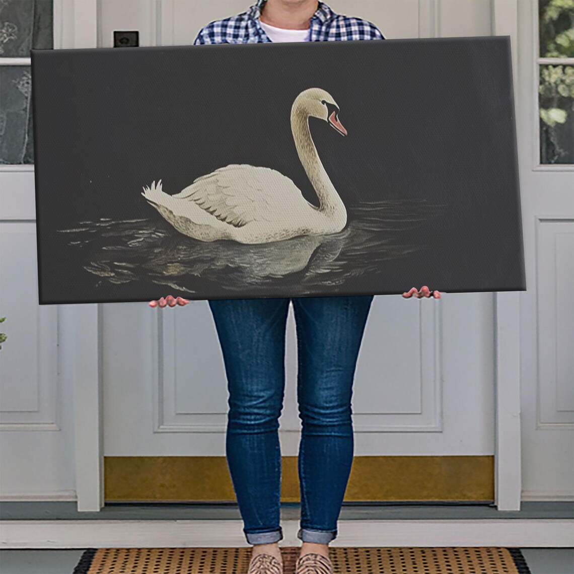 White Swan Swimming Dark Water Minimalist Vintage Bird Wall Art Poster - Image 4