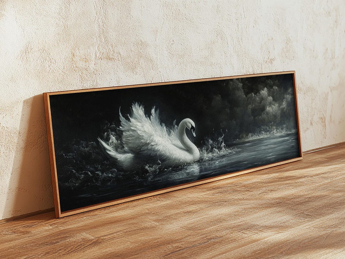 White Swan On Stormy Dark Water Panoramic Wildlife Painting Print - Image 3