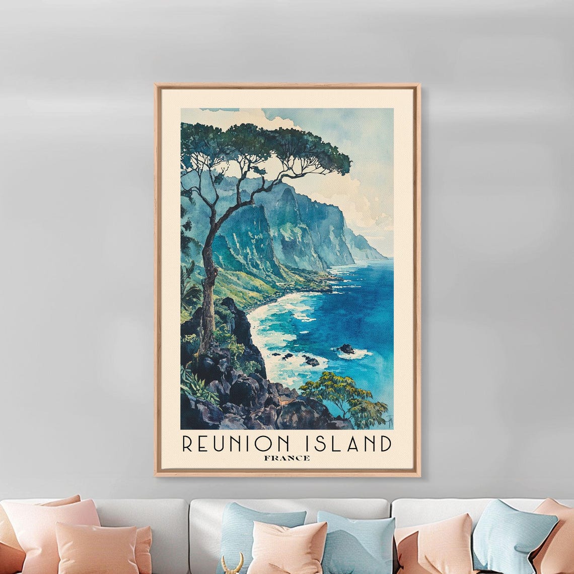 Reunion Island France Volcanic Cliff Coast Lone Tree Watercolor Poster - Image 2